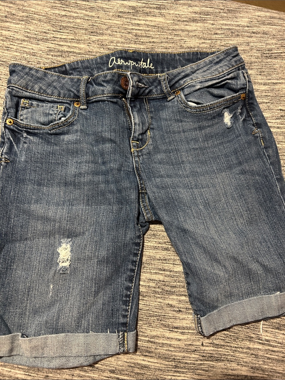 Aeropostale Women's Blue Rolled Hem Distressed Denim Bermudas
